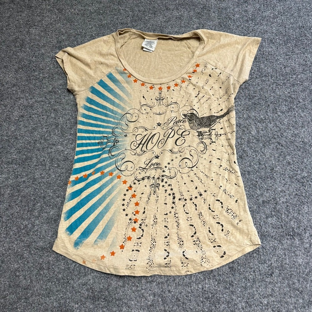 Lucky Brand T-Shirt Womens Size M Tan Graphic Peace Hope Love Bird Rhinestone